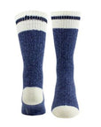 Front and back view of Navy wool socks with white cuff, toe and heel; with dark navy stripe detail through cuff