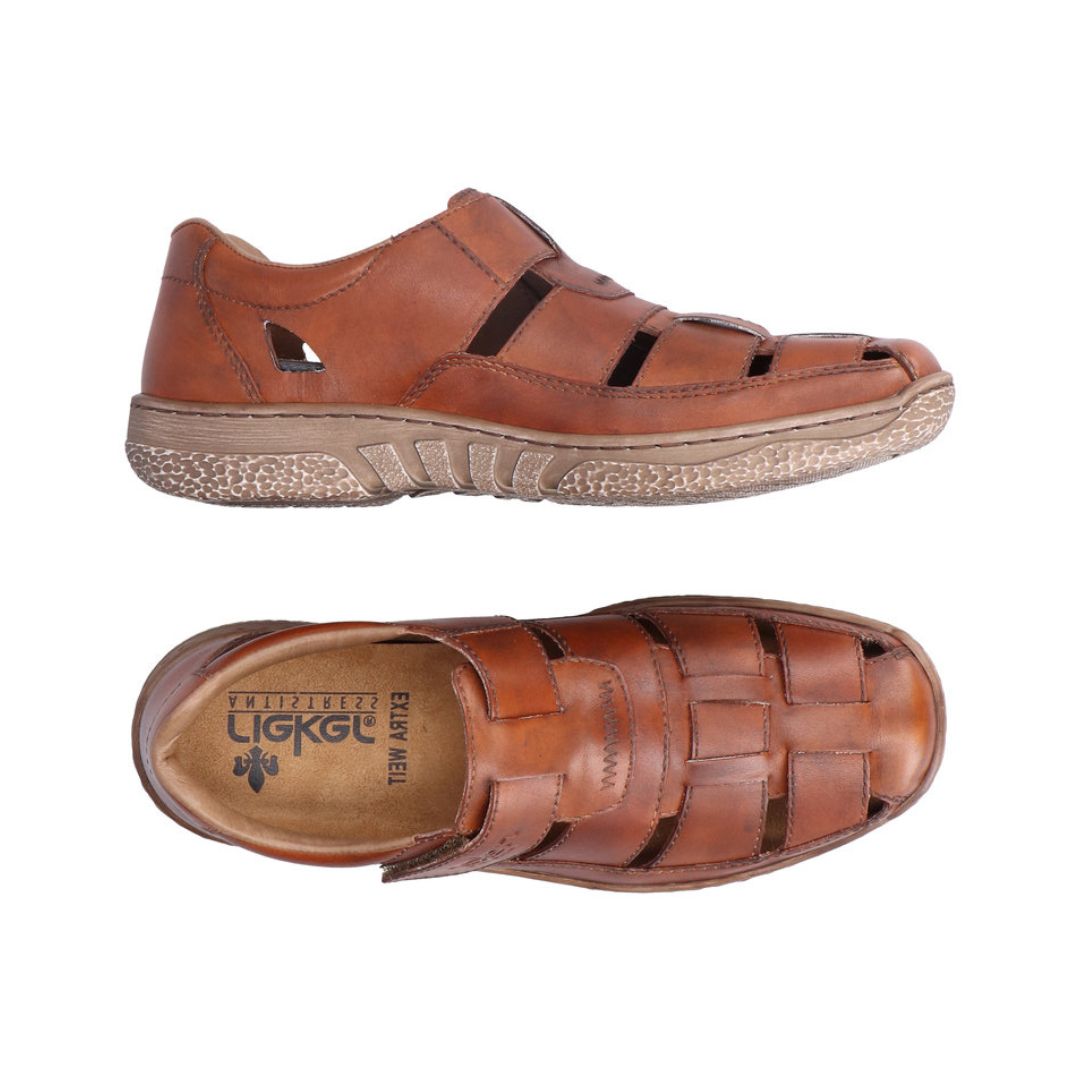 03578 Casual Fisherman Sandal in rich brown leather featuring woven design, adjustable velcro strap, breathable cutouts, and durable rubber sole with speckled finish, perfect for summer comfort and style