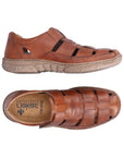 03578 Casual Fisherman Sandal in rich brown leather featuring woven design, adjustable velcro strap, breathable cutouts, and durable rubber sole with speckled finish, perfect for summer comfort and style