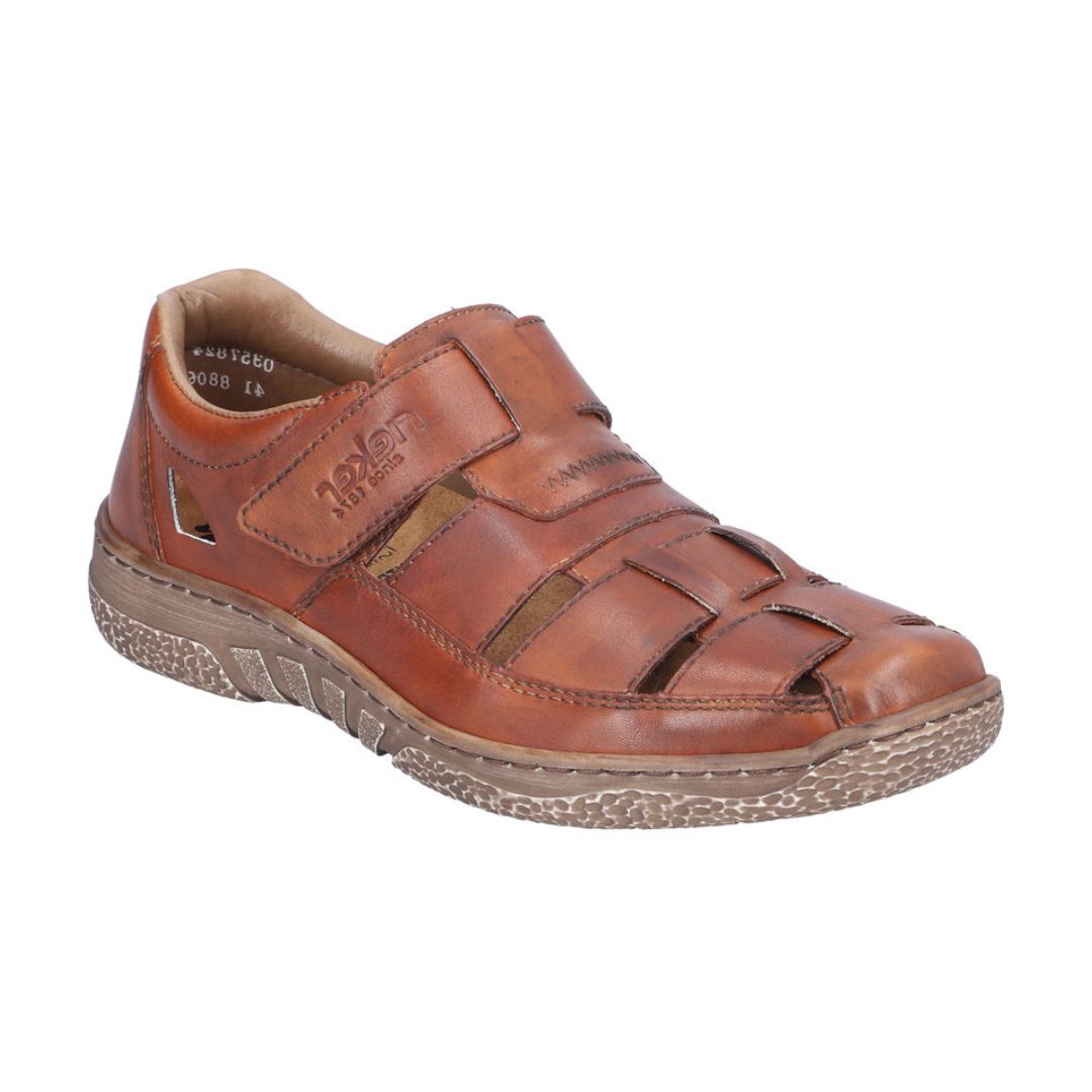 03578 Casual Fisherman Sandal in rich brown leather featuring woven straps design, Velcro closure, and durable rubber sole. Classic summer comfort footwear with breathable cutouts and casual style perfect for warm weather.