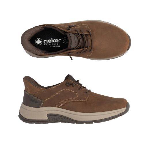 Brown leather sneaker with beige sole, featuring elastic laces and contrast stitching. 