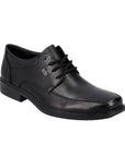 Black leather dress shoe with bicycle toe.