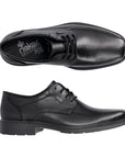 Top and side view of black leather dress shoe with bicycle toe. Grey Rieker logo on heel of black insole.