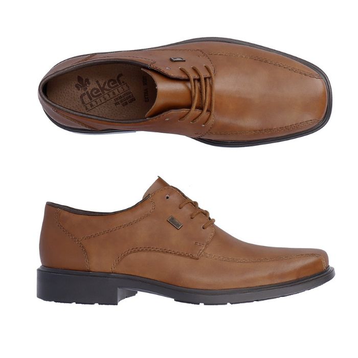 Top and side view of brown leather dress shoe with bicycle toe. Rieker logo on brown insole.