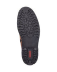 Black treaded outsole with red Rieker logo on heel