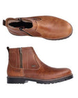 Top and profile view of Brown chelsea inspired boot with zippers on both sides, Rieker logo and Rieker-tex logo on either side of the outer zipper. Black treaded outsole with a dark brown midsole showing a tan stitching accent. Tan stitching can be seen throught the boot. Dark brown pull on tab at heel