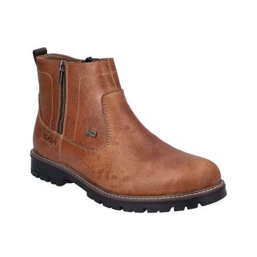 Brown chelsea inspired boot with zippers on both sides, Rieker logo and Rieker-tex logo on either side of the outer zipper. Black treaded outsole with a dark brown midsole showing a tan stitching accent. Tan stitching can be seen throught the boot. Dark brown pull on tab at heel