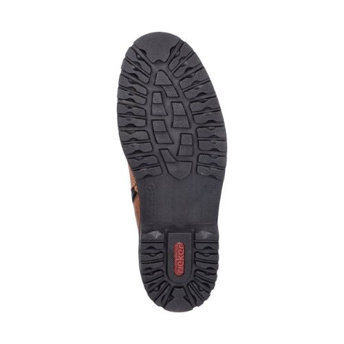 Black treaded outsole with red Rieker logo on heel