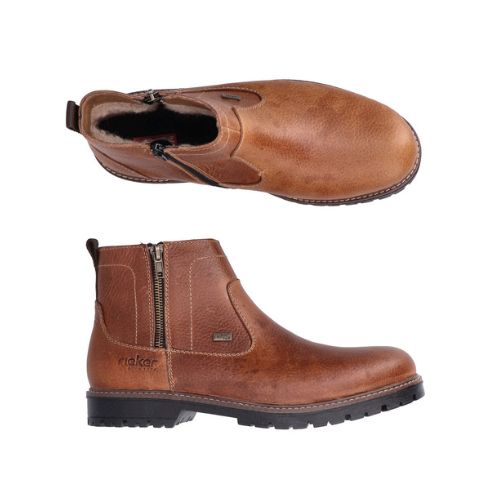 Top and profile view of Brown chelsea inspired boot with zippers on both sides, Rieker logo and Rieker-tex logo on either side of the outer zipper. Black treaded outsole with a dark brown midsole showing a tan stitching accent. Tan stitching can be seen throught the boot. Dark brown pull on tab at heel