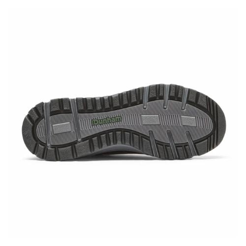 Outsole of Glastonbury sneaker showing grey middle with grey lines out word over a black treaded outline on the outsole