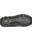 Outsole of Glastonbury sneaker showing grey middle with grey lines out word over a black treaded outline on the outsole