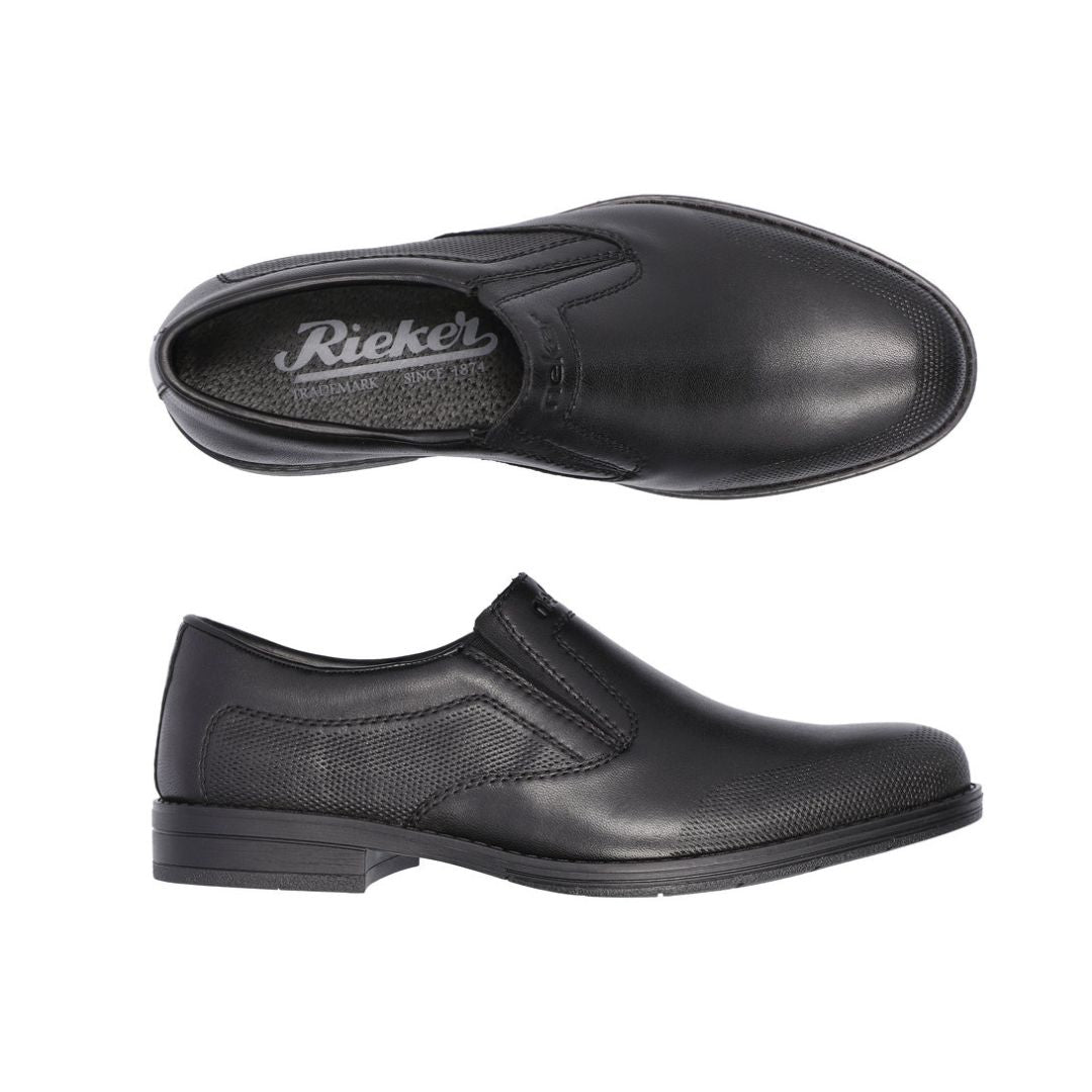 10350 Dress Loafer in black genuine leather featuring a sleek slip-on design with elastic goring, perforated side panels, and durable rubber sole, shown from top and side angles against a white background, displaying its professional and versatile style.