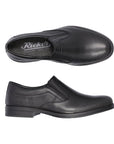 10350 Dress Loafer in black genuine leather featuring a sleek slip-on design with elastic goring, perforated side panels, and durable rubber sole, shown from top and side angles against a white background, displaying its professional and versatile style.