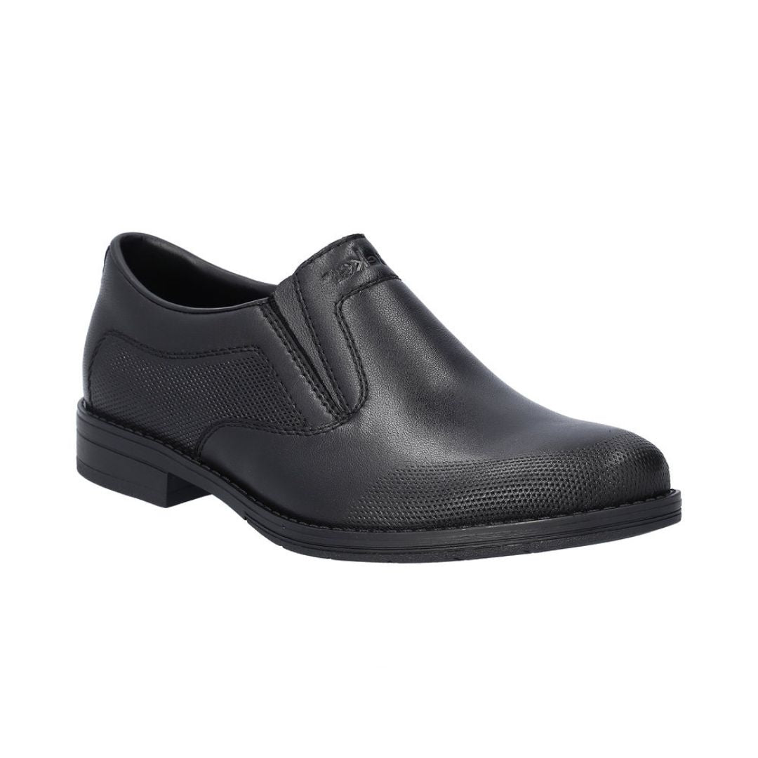 10350 Dress Loafer in classic black genuine leather with textured toe detail, featuring slip-on design with elastic goring, sleek silhouette, and durable rubber sole, perfect for professional or casual wear