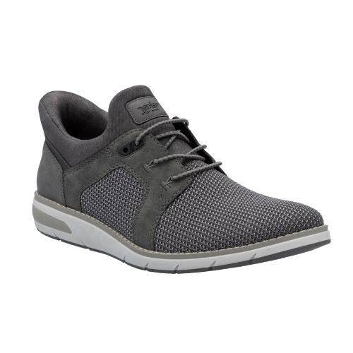 Men's Rieker grey mesh lace shoe with leather accents, grey/white midsole and dark grey outsole.