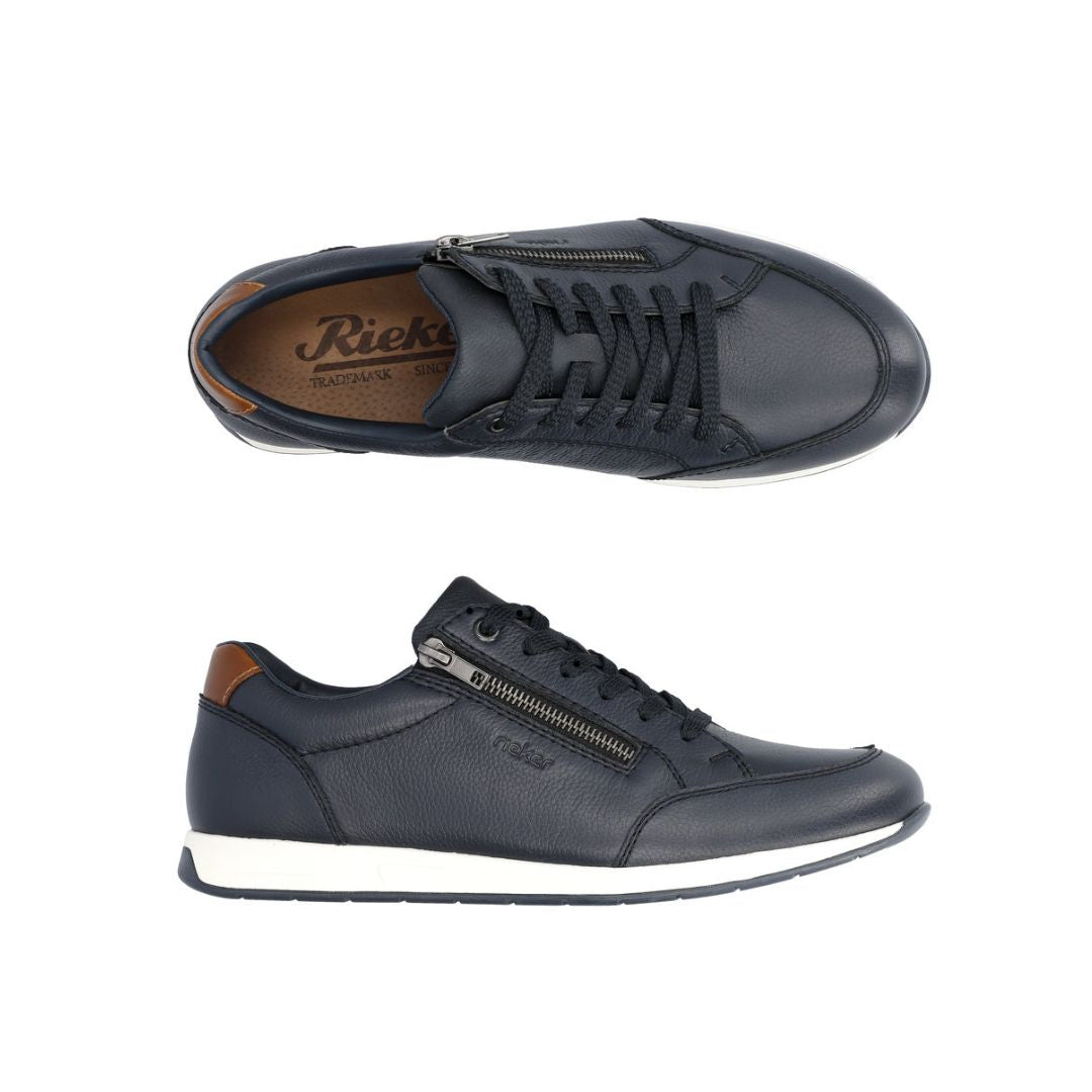 11903 Slip-On Lace Sneaker in black leather with side zipper, brown accent trim, and white sole. Top and side view showing casual athletic design, lace-up closure, and sleek profile on white background.