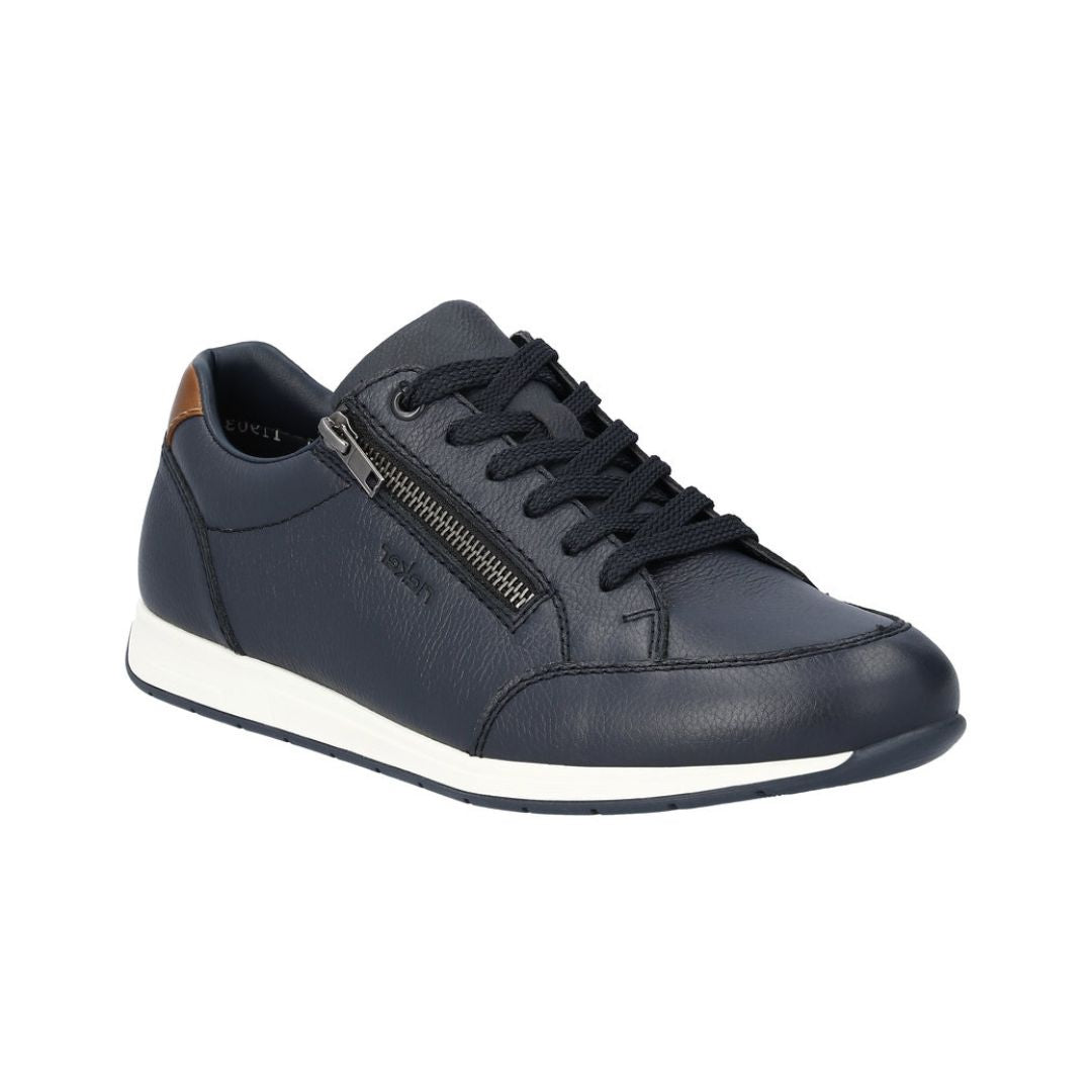 11903 Slip-On Lace Sneaker in navy blue leather with side zipper detail, white rubber sole, lace-up front, and brown accent tab. Casual athletic style with sleek modern design perfect for everyday wear.