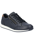 11903 Slip-On Lace Sneaker in navy blue leather with side zipper detail, white rubber sole, lace-up front, and brown accent tab. Casual athletic style with sleek modern design perfect for everyday wear.