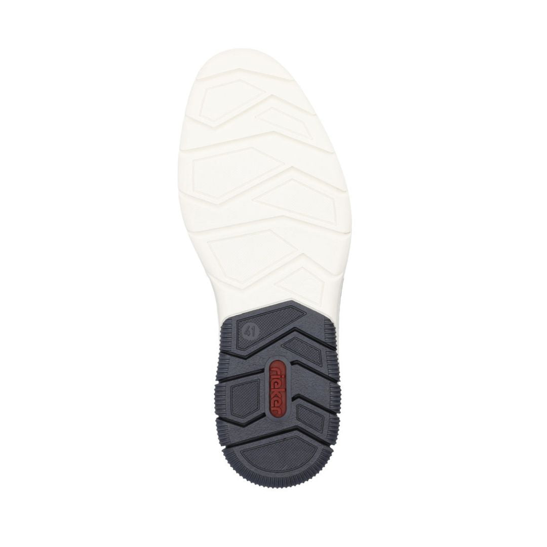 14405 Slip-On Lace Sneaker featuring a white flexible outsole with chevron tread pattern and dark gray rubber base with geometric design. Bottom view showcasing durable construction and lightweight sole architecture.