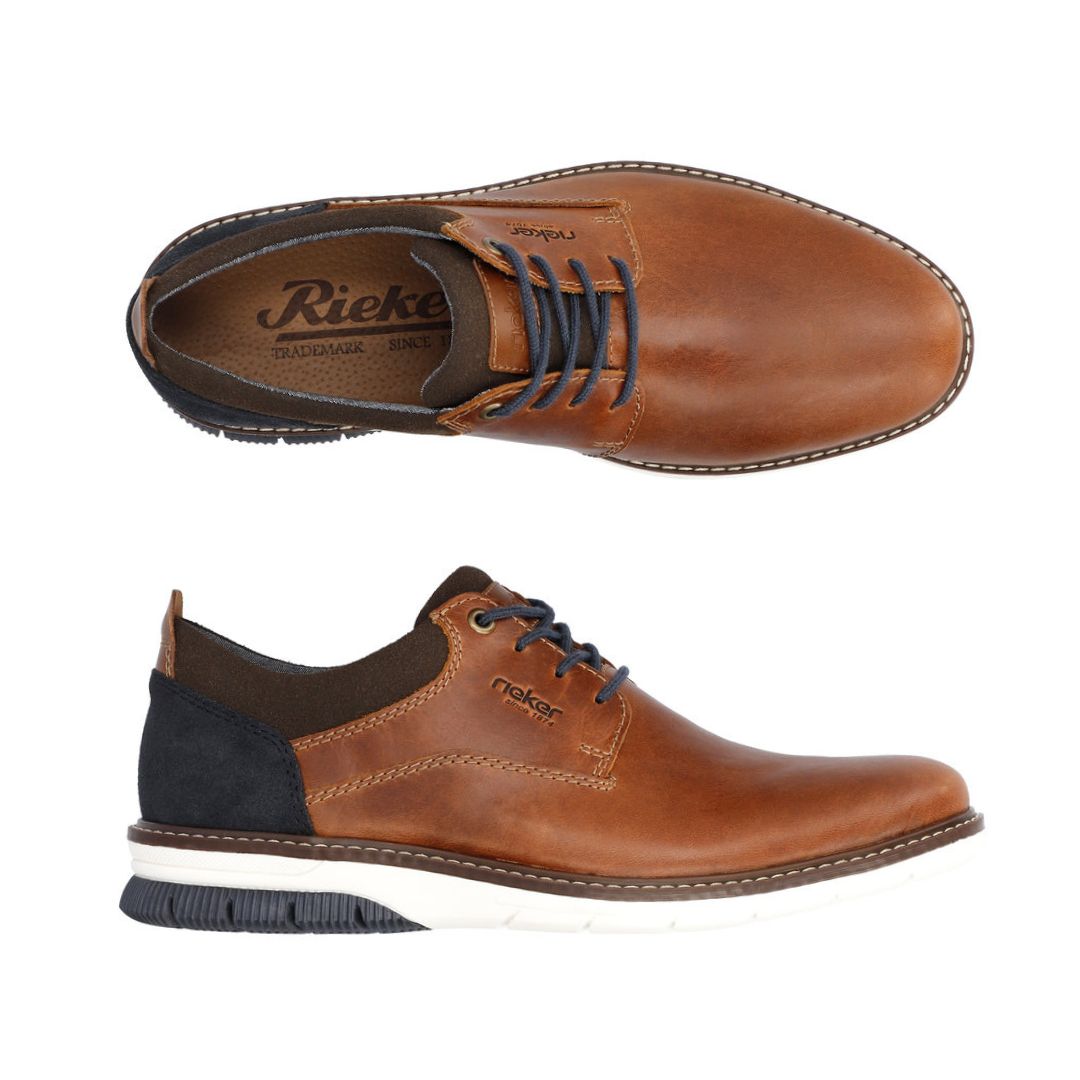 14405 Slip-On Lace Sneaker in rich cognac brown leather with navy blue accents, featuring a sleek casual design, contrasting white midsole, and navy laces. Top and side view showing classic derby-style construction and comfortable rubber outsole.