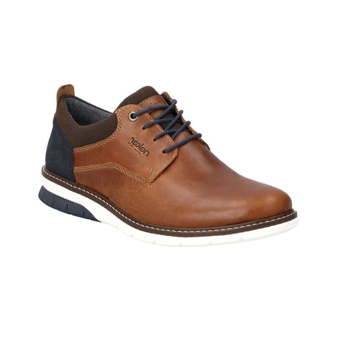 14405 Slip-On Lace Sneaker in rich tan leather with navy accents, featuring contrast white sole, decorative stitching, and traditional lace-up design. Casual dress shoe combines classic oxford styling with modern athletic comfort features.