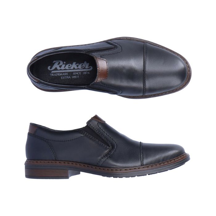 Black leather slip on shoe with toe cap. Rieker logo on heel.