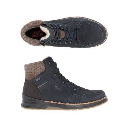 Pair of navy leather high-top boots with brown and gray details.