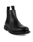 Devlan black leather Chelsea boot. Features black elastic goring and pull tabs at opening. Outsole is black. 
