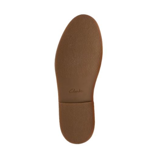 Light brown textrued outsole with Clark's logo stamped in middle just in front of heel