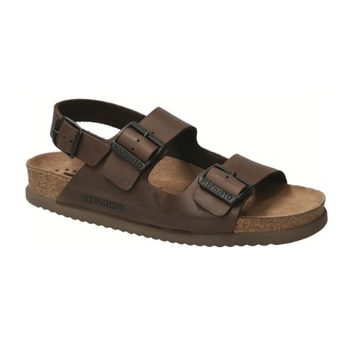 Brown leather two strap sandal with backstrap and buckle closures.