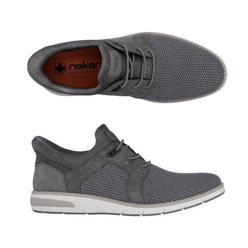 Pair of Men's Rieker grey mesh lace sneakers with leather accents, brown logo'd footbed, grey/white midsole and dark grey outsole.