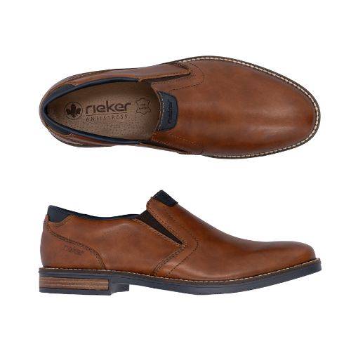 Pair of Men&#39;s brown leather Rieker semi-dress loafers with black accents, tan logo&#39;d footbed and black outsole.