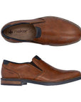 Pair of Men's brown leather Rieker semi-dress loafers with black accents, tan logo'd footbed and black outsole.