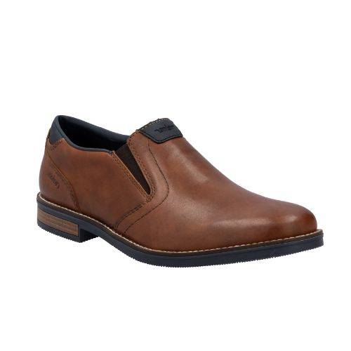 Men's brown leather Rieker semi-dress loafer with black accents and black outsole.