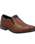 Men's brown leather Rieker semi-dress loafer with black accents and black outsole.