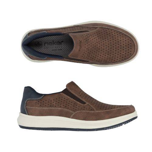 Pair of men's Rieker brown leather slip on sneaker with perforations, grey logo'd footbed, dark blue accents, white midsole and dark blue outsole.