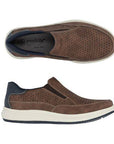 Pair of men's Rieker brown leather slip on sneaker with perforations, grey logo'd footbed, dark blue accents, white midsole and dark blue outsole.