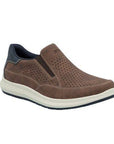 Men's Rieker brown leather slip on sneaker with perforations, dark blue accents, white midsole and dark blue outsole.