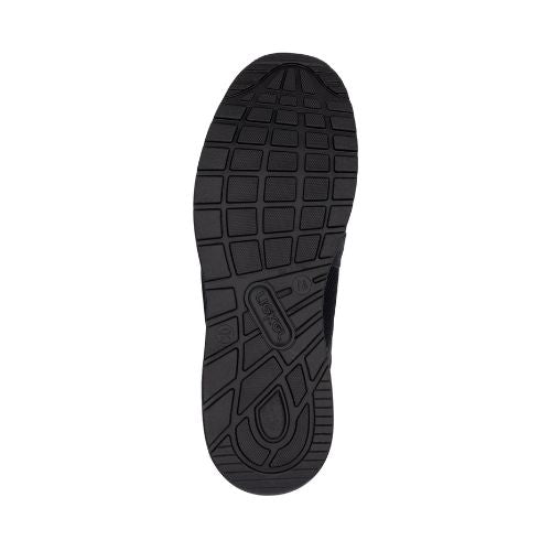 Black rubber light treaded outsole with Rieker logo stamped in middle.