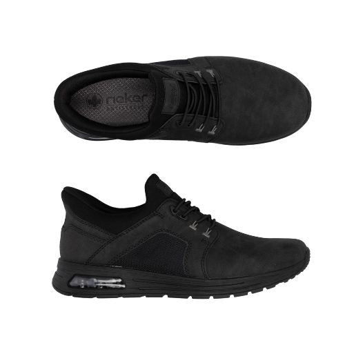 Pair of Rieker men&#39;s all black manmade leather slip on shoe with elastic laces. grey logo&#39;d footbed and light treaded outsole with clear shock absorbing detail pocket.