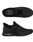 Pair of Rieker men's all black manmade leather slip on shoe with elastic laces. grey logo'd footbed and light treaded outsole with clear shock absorbing detail pocket.