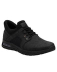 Rieker men's all black manmade leather slip on shoe with elastic laces and light treaded outsole.