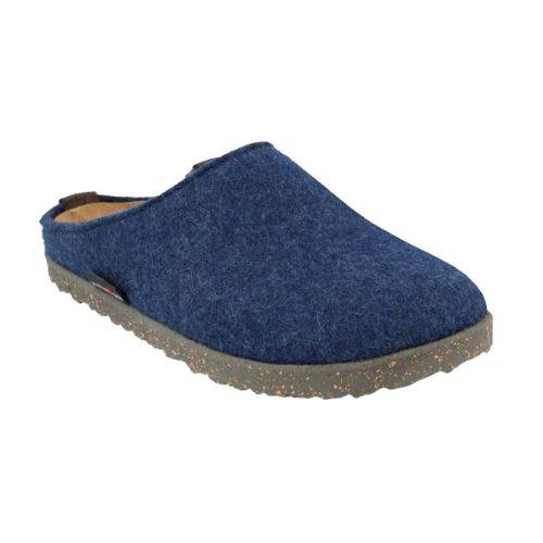 Haflinger Men's Manhattan Wool Clog in blue with a boiled wool upper and cork-latex midsole for comfort and support.