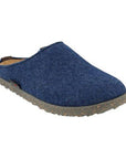 Haflinger Men's Manhattan Wool Clog in blue with a boiled wool upper and cork-latex midsole for comfort and support.