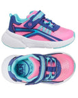 Pair of Toddler sneakers with pink mesh upper, light and dark blue accents on laces and velcro strap.