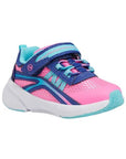 Toddler sneaker with pink mesh upper, light and dark blue accents on laces and velcro strap.