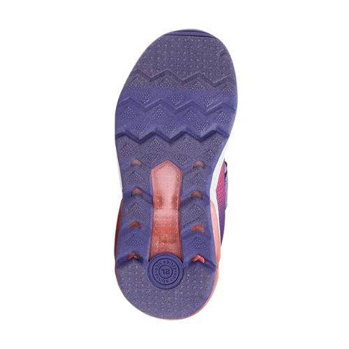 Purple sneaker sole with zigzag tread pattern, transparent red sections, and a comfy memory foam footbed.