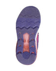 Purple sneaker sole with zigzag tread pattern, transparent red sections, and a comfy memory foam footbed.