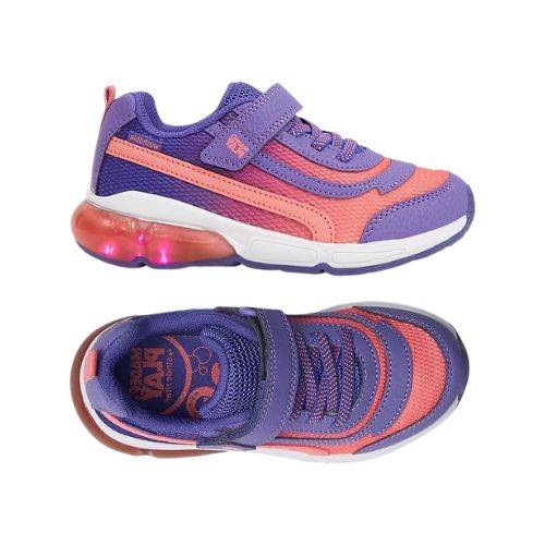 Childrens light-up sneakers in purple and pink, featuring Velcro straps and a memory foam footbed.