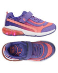 Childrens light-up sneakers in purple and pink, featuring Velcro straps and a memory foam footbed.